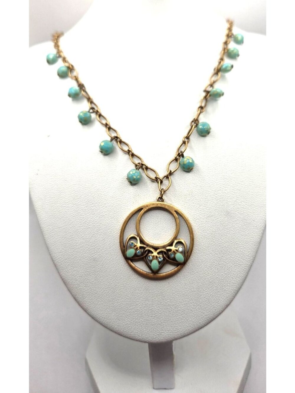 Vintage Brass Pendant Necklace With Faux Turquoise Beads & Rhinestone Accents